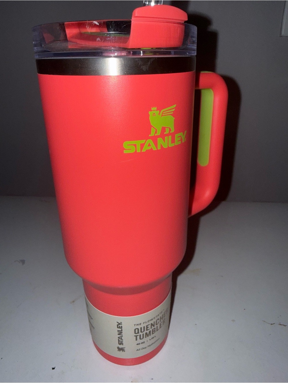 Stanley Red Tumbler with Lime Logo and Handle - Picture 2 of 3